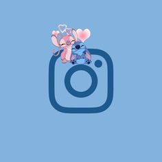 an instagram logo with two teddy bears and hearts on the bottom, in front of a blue background