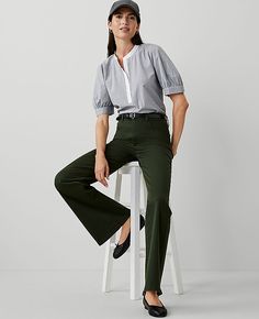 Discover Ann Taylor Weekend. Effortlessly polished pieces for wherever your plans take you. Front zip with button closure. Belt loops. Classic five-pocket styling.,Leg Shape:Trouser – a pant with a bit of flare that lengthens legs,Rise:High rise: sits 1/2" to 1" below natural waist,Imported:Imported,Fit:Tailored & fitted,Length:Full length: 28 1/2" inseam with 22" leg opening,Fabrication:72% Cotton, 25% Rayon, 3% Spandex,Garment Care:Machine Washable 5-Pocket Trouser by Ann Taylor Size regular - Green Straight Jeans For Workwear, Green Work Pants With Five Pockets, Classic Button-up Jeans For Workwear, Classic Ankle-length Work Pants With Welt Pockets, Green Workwear Pants With Five Pockets, Green Workwear Jeans With Welt Pockets, Tapered Ankle-length Pants With Welt Pockets, Green Work Pants With Cargo Pockets, Tapered Leg, Green Full-length Work Pants With Hip Pockets