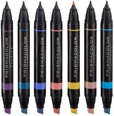 five different colored crayon pens lined up next to each other