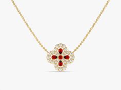 Each meticulously crafted leaf tenderly cradles a rich garnet, a gemstone symbolizing passion and vitality. This garnet necklace is a harmonious marriage of sophistication and simplicity. Garnet Necklace, Four Leaves, Four Leaf Clover, Clover Leaf, Gold Rose, Garnet, Solid Gold, 18k Gold, Rose Gold