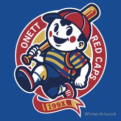 an old school baseball logo with a cartoon character holding a bat and wearing a hat