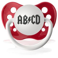 a pacifier with the word abcd on it's side and two red, white