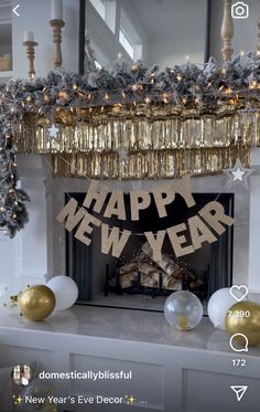 a fireplace decorated for new year's eve