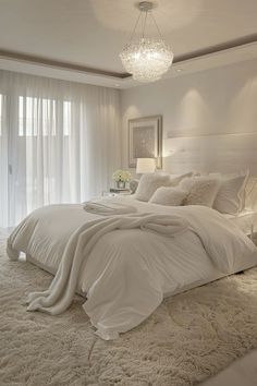 a bedroom with a large bed covered in white blankets and pillows, along with a chandelier hanging from the ceiling