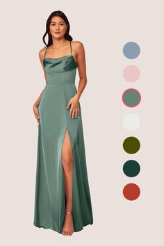 a woman in a long green dress standing next to color swatches and wearing sandals