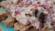 a blue plate topped with meat covered in gravy and bread crumbs