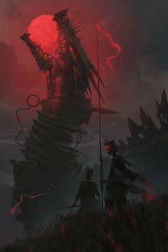 an image of a giant monster standing next to a man with a spear in his hand