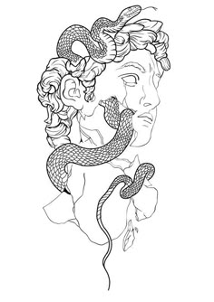 a woman's face with a snake wrapped around her head and flowers in her hair