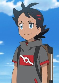 an anime character with black hair and blue eyes standing in front of a cloudy sky