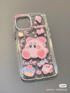 a phone case with some stickers on the back of it and an image of a pig holding a cupcake