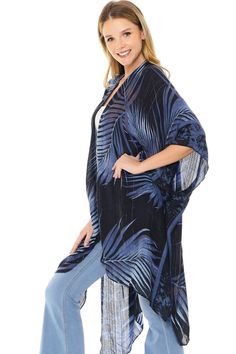 Airy kimono cardigan featuring a bold, oversize palm leaf print. Draping silhouette with 3/4 length kimono sleeves. Super soft and light weight fabric looks great layered with many different looks! CARE | Hand Wash Cold or Dry Clean CONTENTS | 100% Viscose MEASUREMENTS | 36"/92 cm Top to Bottom (Size O/S) MODEL | 5'8 - wearing O/S IMPORTED Summer Beach Kimono With 3/4 Sleeves, Oversized Blue Kimono For Beach Cover-up, Casual Blue Cover-up With Kimono Sleeves, Casual Oversized Blue Kimono, Palm Leaves Print, Kimono Sleeves, Kimono Cardigan, Swimwear Cover Ups, Kimono Sleeve