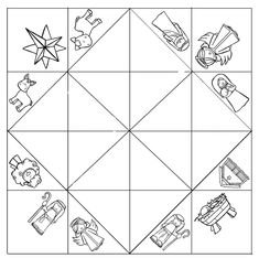 a black and white image of different things in the shape of a square with four squares