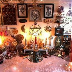 a room filled with lots of assorted items and lights on the wall next to each other