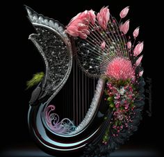 an artistically designed harp with flowers and feathers on it's side, against a black background