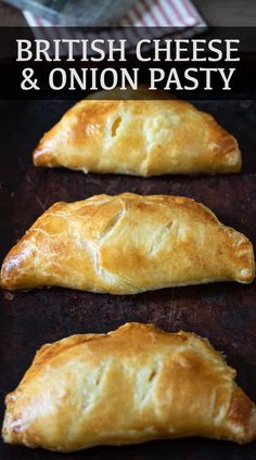 two croissants sitting on top of a baking pan with the words british cheese and onion pastry