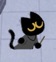 a black cat sitting on top of a tiled floor next to an umbrella and a wall