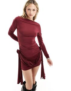 Lioness drape detail corsage mini dress in dark red | ASOS Formal Dresses Graduation, Cocktail Dress Formal, Feed Ig, Ig Feed, High Neck Long Sleeve, Long Sleeve Floral Dress, Satin Slip Dress, Maxi Dress Trend, Active Wear Leggings