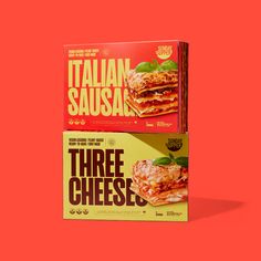 two boxes of italian sausaci on a red background, one with three cheeses