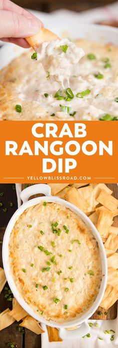 crab rangoon dip with tortilla chips on the side and text overlay that reads crab rangoon dip