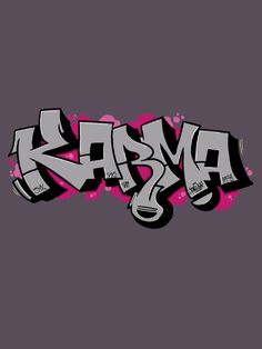 the word kaska is spray painted in grey and pink on a black background with white letters