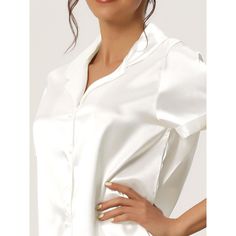 Basic button-down set, roll-up cuffs, shiny silky satin fabric, smooth and soft. Made from a little sheen satin, this basic button-down shirt and shirt set offers you comfort and casual loungewear. Solid color and basic design make this pajama set classic and timeless for everyday wear. Perfect gift for all ladies when at home or enjoying a cozy lounging time. These sets suit nightwear, sleeping, slumber parties, girls' day, indoor, etc. Elegant Satin Sleep Tops, Collared Satin Blouse For Daywear, Satin Collared Blouse For Daywear, Satin Top With Button Closure, Solid Satin Top With Button Closure, Elegant Short Sleeve Sets, Elegant Solid Color Short Sleeve Sets, Summer Satin Sleep Tops, Elegant Satin Sleepwear With Short Sleeves