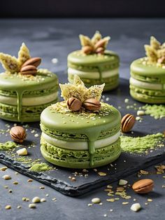 green macaroni and cheese cakes with nuts on the side