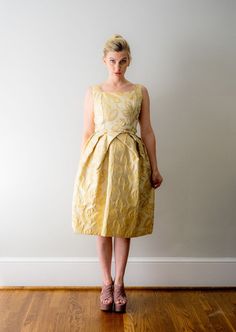 from Heirloomen Vintage Pegged Skirt, Yellow Champagne, Gold Party Dress, Brocade Dress, Gold Brocade, Brocade Dresses, Gold Party, Rhinestone Dress, Gold Silk