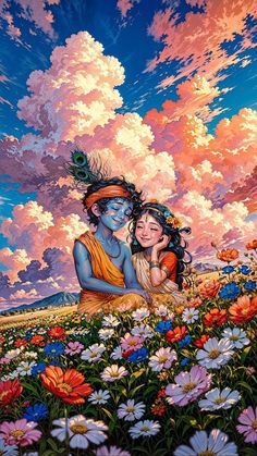 two people are hugging in the middle of a field with flowers and clouds behind them