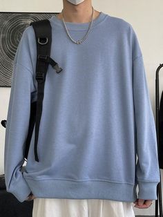 Classic Round-neck Sky Blue Sweatshirt Men's Basic Crew Neck Sweatshirt - AnotherChill Blue Sweatshirt Outfit, 90s Fashion Men, Y2k Summer Outfits, Color Composition, Spring Outfits Men, Baby Tees Y2k, Y2k Baby Tee, Blue Sweatshirt, Crop Top Blouse