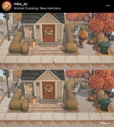 two pictures of the same house in animal crossing new horizonss, each with its own doghouse