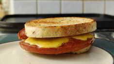 a grilled cheese and tomato sandwich sitting on a plate in front of an oven