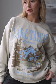 Lake Tahoe graphic sweatshirt Beige Graphic Print Sweatshirt For Fall, Fall Graphic Print Beige Sweatshirt, Fall Beige Graphic Print Sweatshirt, Cream Graphic Print Sweatshirt For Loungewear, Cream Crew Neck Sweatshirt With Graphic Print, Beige Crew Neck Sweatshirt With Graphic Print, Cream Crew Neck Sweater With Graphic Print, Cream Graphic Print Crew Neck Sweater, Cabin Sweatshirt