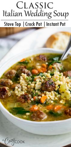 a close up of a bowl of soup on a plate with bread in the background