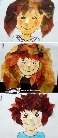 three different pictures of leaves with faces on them