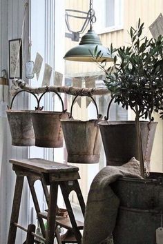 an old chair and some potted plants in front of a window