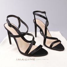 Vince Camuto Imagine Dress Heels Ramsey Black Satin Strappy Open Toe Stiletto Brand: Imagine Vince Camuto Department: Womens Type: Heels Style: Dress Size: 8.5 M Pattern: Solid Color: Black Satin Material: Textile Upper; Man Made Lining; Leather Sole Heel Style/ Height: Stiletto 4" Heel Condition: New With Box And Dust-Bag Retail: $ 139 Strappy Heels With Padded Heel For Cocktail, 4-inch Strappy Heels For Cocktail, Chic Strappy Heels For Cocktail Occasions, Chic Strappy Heels For Cocktail, Fitted Strappy Heels For Cocktail, Sleek Strappy Heels For Date Night, Elegant Strappy Heels With 4-inch Heel, Elegant Strappy Heels With Wrapped Heel, Elegant Strappy Heels For Night Out