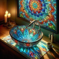 a glass bowl sink sitting on top of a wooden counter next to a candle holder