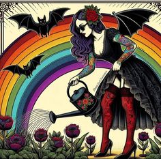 a woman watering her flowers in front of a rainbow with bats flying overhead and a cat on the other side