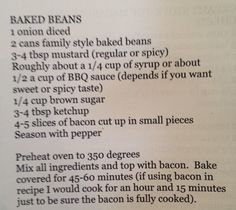 the recipe for baked beans is shown in an open book with instructions on how to bake them