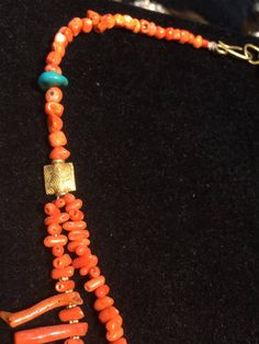 "Beautiful classic graduated/tapered vintage Mediterranean branch coral, gold vermeil, & turquoise double multi-strand necklace... natural salmon orange color... Native American Indian strung/made. Main material is the branch coral... tiny gold vermeil spacers in between many beads... plus 2 stamped/embossed designs in square shape gold vermeil beads. With 6 varied shapes & shades of blue turquoise beads... 1 black onyx bead. Turquoise & jet have offset/abstract placement. Old brass Luxury Southwestern Single Strand Beaded Necklaces, Vintage Red Coral Single Strand Beaded Necklace, Coral Multi-strand Beaded Necklaces, Coral Multi-strand Beaded Necklace, Vintage Mediterranean, Multi-strand Coral Beaded Necklace For Gift, Salmon Orange, Multi-strand Red Coral Necklace With Polished Beads, Stamped Rings