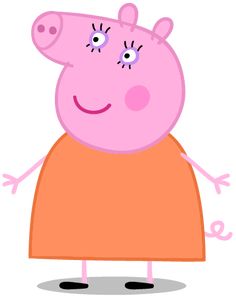 peppa pig in an orange dress with her eyes wide open and one hand on her hip