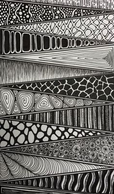 a black and white drawing of different shapes, lines, and dots on paper with ink