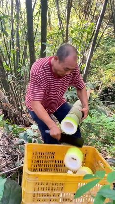 a man is cutting an apple with a knife in a basket on the forest floor