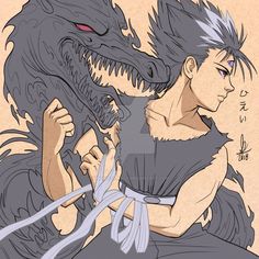 a drawing of a man and a dragon with red eyes, one holding the other's hand