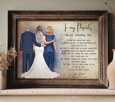 a couple standing next to each other in front of a framed photo with the words for my parents on it