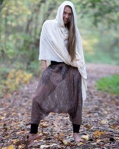 "Off White Knit Cotton Hooded Cape. Cowl Neck Hoodie. Poncho Style. This gorgeous soft tunic is lovingly handmade from an up-cycled cotton blend. It is a part of the collection \"Ceremony White\" - a collection of dresses and pants created specifically for your ceremony journeys, kundalini yoga, sound baths and mediation. Inspired by silent mediation and love for comfortable wear. Material: Up-cycled knit cotton. Very soft, light weight and flowing. Size: One size Overall Length: about 42 in. Ov Mens Kimono Shirt, Dance Exercises, White Ceremony, Samurai Pants, Winter Poncho, Burning Man Costume, Black Harem Pants, Kimono Shirt, Festival Jacket