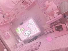 Aesthetic Apartment Pink, Cutecore Desk Setup, My Melody Gaming Setup, Cutecore Gaming Setup, Cutecore Desktop, Pink Set Up, Sanrio Gaming Setup, Cutecore Room Ideas, Cutecore Room Decor