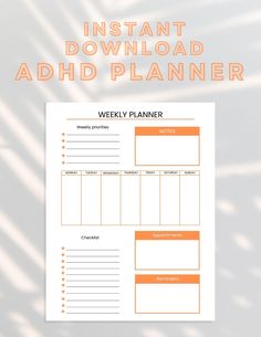 PRINTABLE ADHD PLANNER. Download IMMEDIATELY after purchase! Product information 1 PDF PAGE - US Letter ( 8.5 × 11 inch ) -Text and colors that are part of the design CAN NOT be altered. - Room for hole punches on either side - Perfect for home and office use. - Print as many pages as you need. - Simply print from your home printer, or send to a local printing shop. DOWNLOAD -You will receive an e-mail from Etsy with a link to download the files - They are also available here: http://www.etsy.com/your/purchases PRINT -You can print at home, a local print shop, or use an online service such as the following PLEASENOTE - Colours may vary slightly due to colour variation in monitors and printers. - The final appearance of the printout will be determined by the quality of the printer and paper Office Planner, Planner Desk, Desk Planner, Office Planners, Planner Minimalist, Desk Planners, Hole Punches, Planner Set, Daily Planner Printable