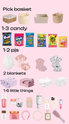 a pink poster with different items on it and the words, pick basket 1 - 3 candy