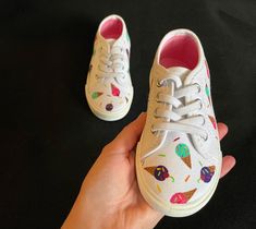 Each pair is hand painted and sprayed with a protective coating to limit dirt and fade damage. Painted Baby Shoes, Donut Shoes, Walls Ice Cream, Ice Cream Shoes, Ice Cream Painting, Melting Ice Cream, Custom Painted Shoes, Ice Cream Van, Girls Shoes Sneakers